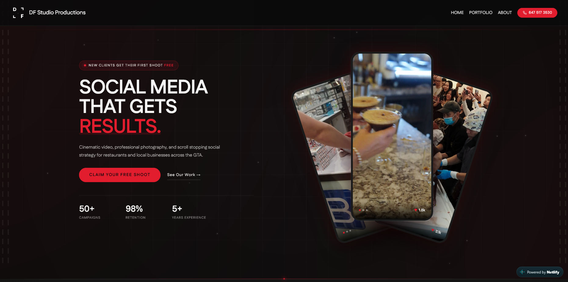 DF Studio Productions homepage hero mockup